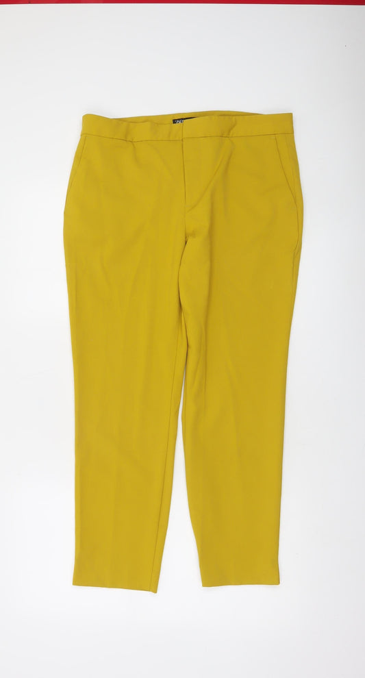 Zara Women Yellow Slim Cropped Trousers Size 12 Stretch Workwear