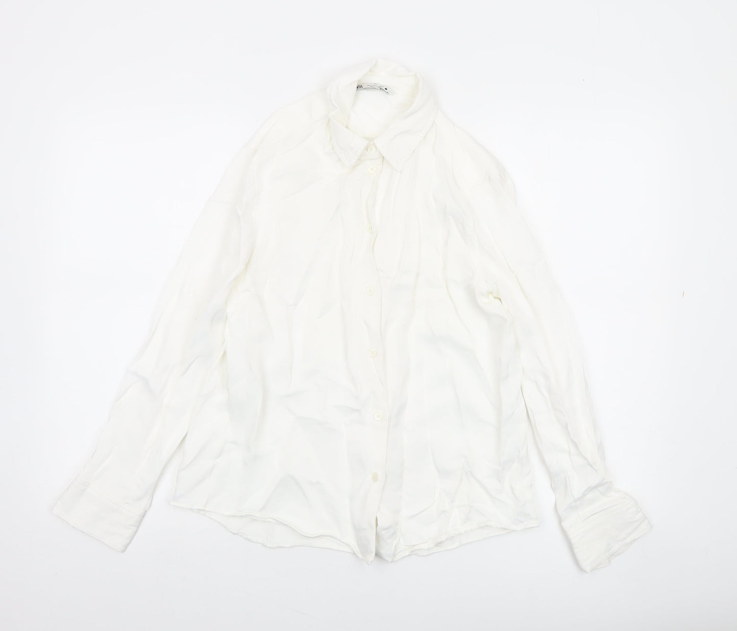 Zara Women White Long Sleeve Collared Button-Up Shirt Size 12
