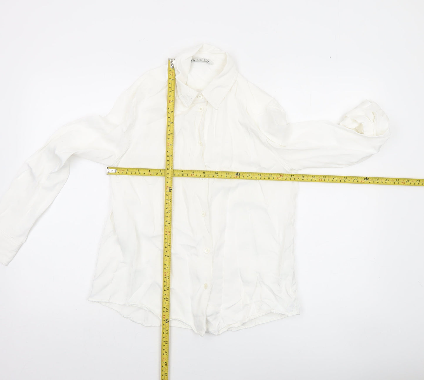 Zara Women White Long Sleeve Collared Button-Up Shirt Size 12