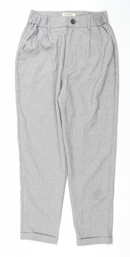 Pull&Bear Women's Grey Check Chino Tapered Trousers Size 12