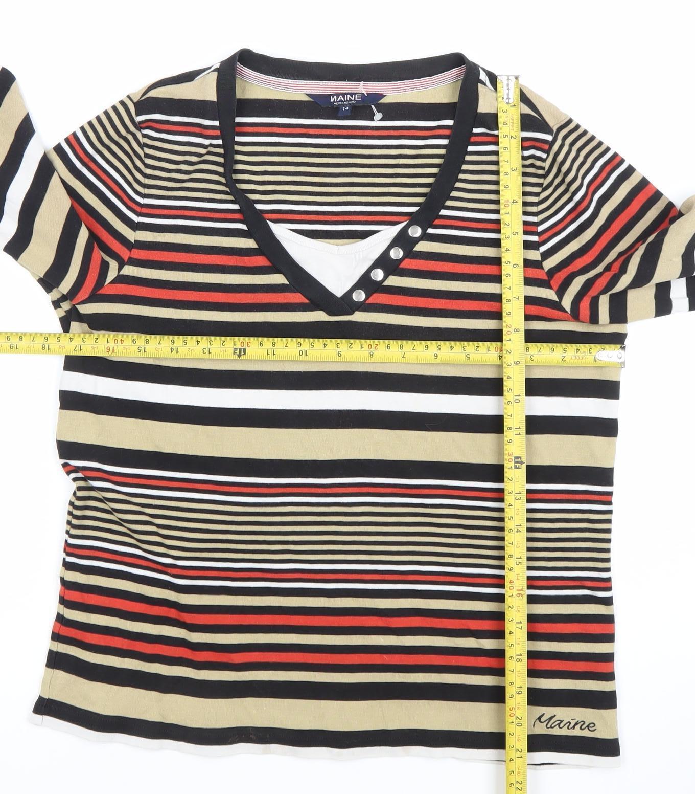 Maine New England Women's Multicoloured Striped V-Neck 3/4 Sleeve Top Size 14