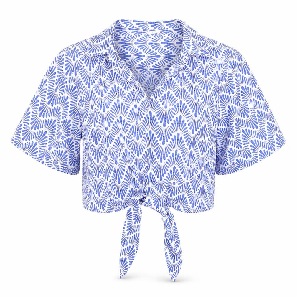 MNG Women's Blue Geometric Cropped Tie Blouse Size 10