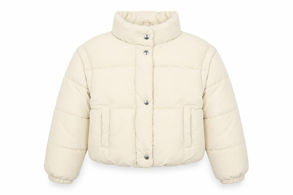 Front view of Bershka girls’ beige puffer jacket 10-12 years quilted winter coat