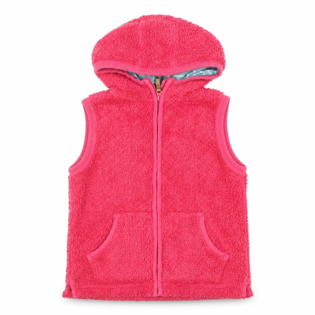 Front view of FatFace girls’ pink hooded fleece bodywarmer 8-9 years cotton zip waistcoat