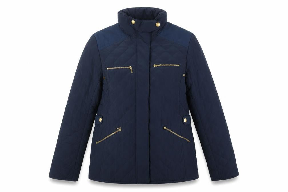 Front view of Zara girls’ blue quilted padded jacket 13-14 years mid-length zip winter coat