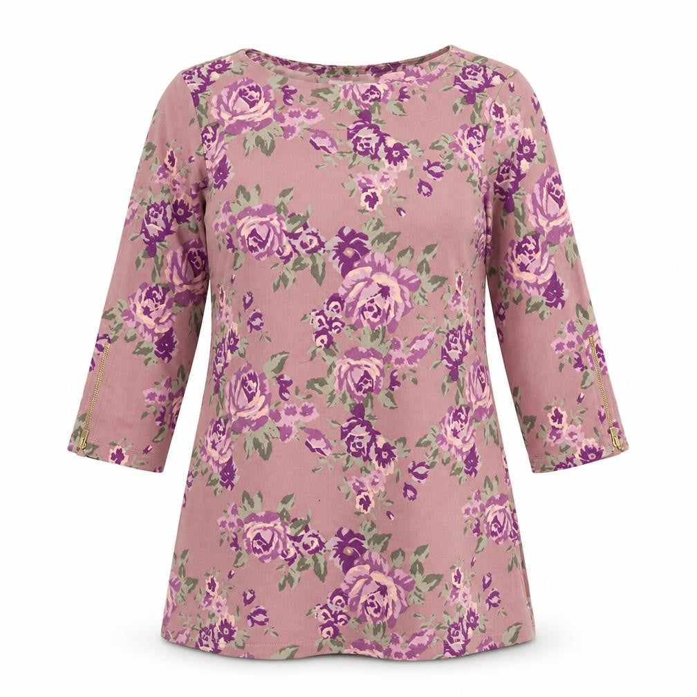 Denim & Company Women's Pink Floral 3/4 Sleeve Tunic Top Size S