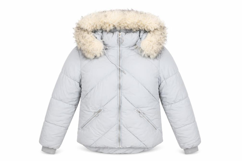 Topshop Womens Grey Faux Fur Hooded Puffer Jacket Size 6