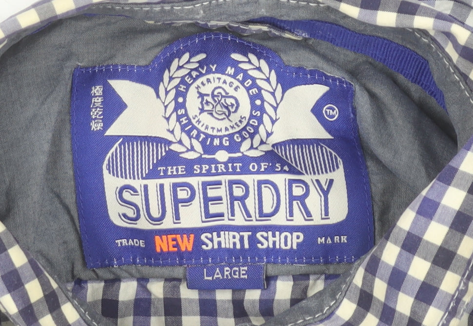 Superdry Men's Blue Check Long Sleeve Cotton Button-Up Shirt Size L