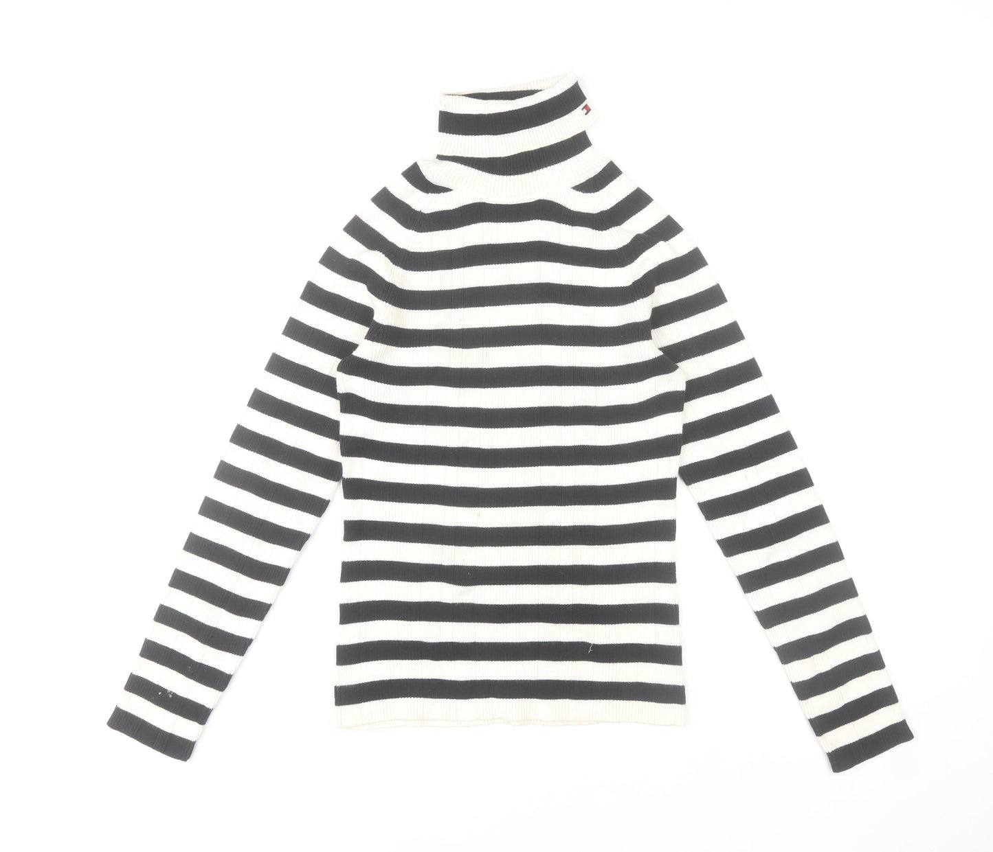 Tommy Hilfiger Women’s Black White Striped Roll Neck Cotton Jumper Size M
