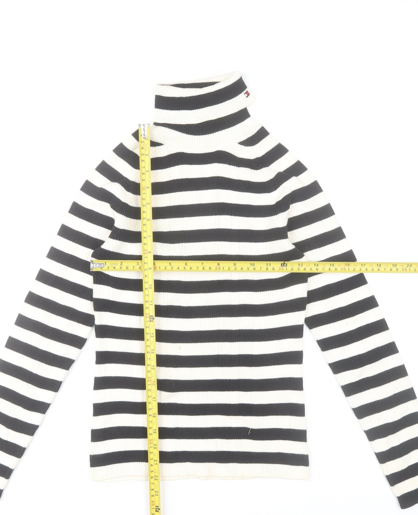 Tommy Hilfiger Women’s Black White Striped Roll Neck Cotton Jumper Size M