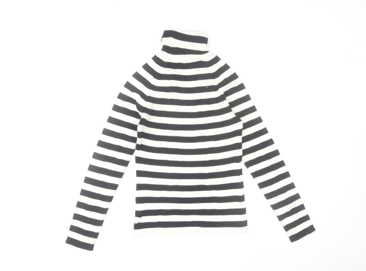 Tommy Hilfiger Women’s Black White Striped Roll Neck Cotton Jumper Size M