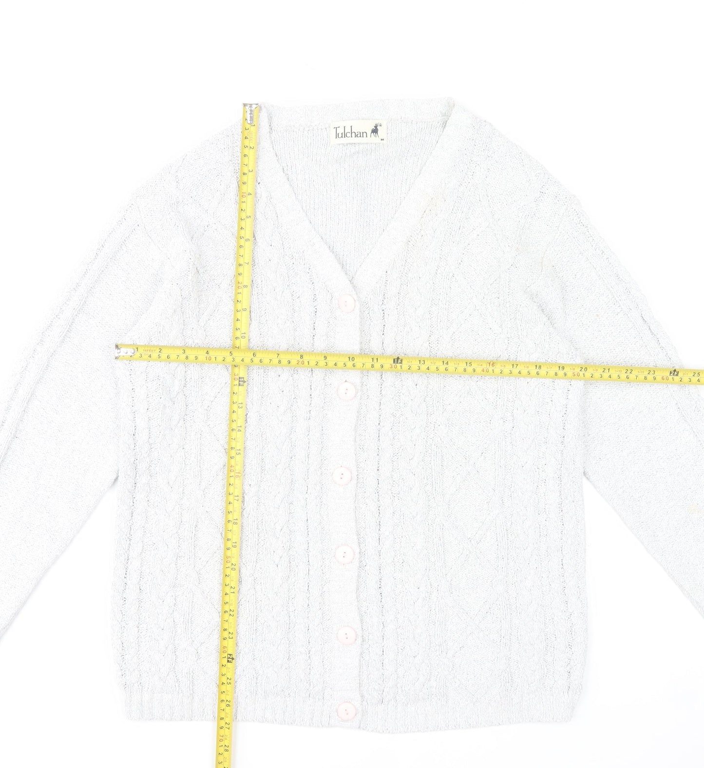 Tulchan Women's White Cable-Knit Cardigan M Cotton Blend V-Neck