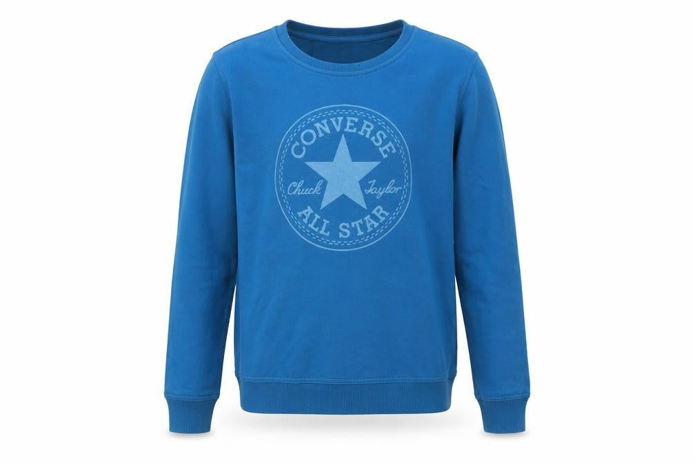 Front view of Converse boys’ blue pullover sweatshirt m crew neck long sleeve logo cotton