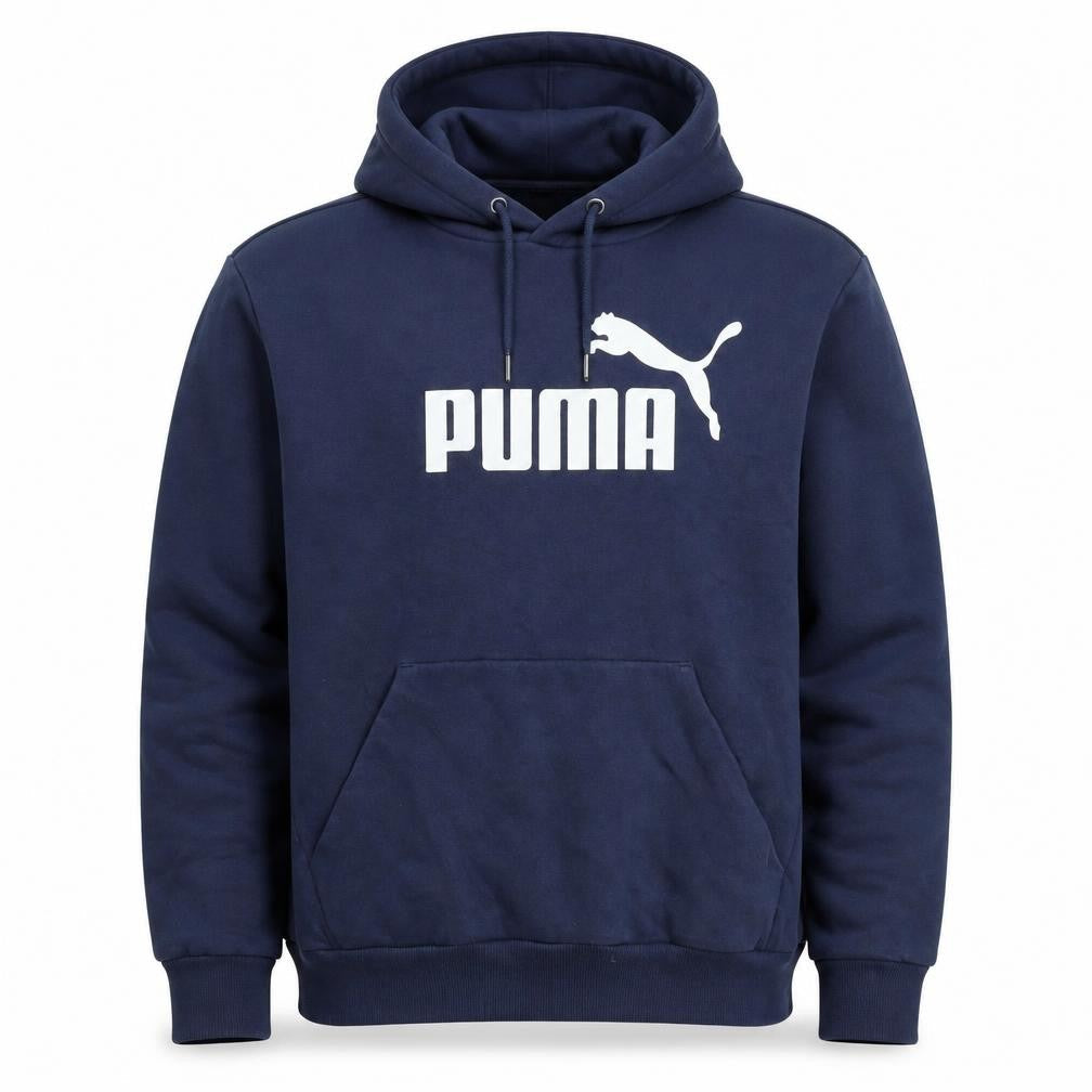 Front view of Puma Men's Blue Pullover Hoodie M Logo Sports Fleece Sweatshirt
