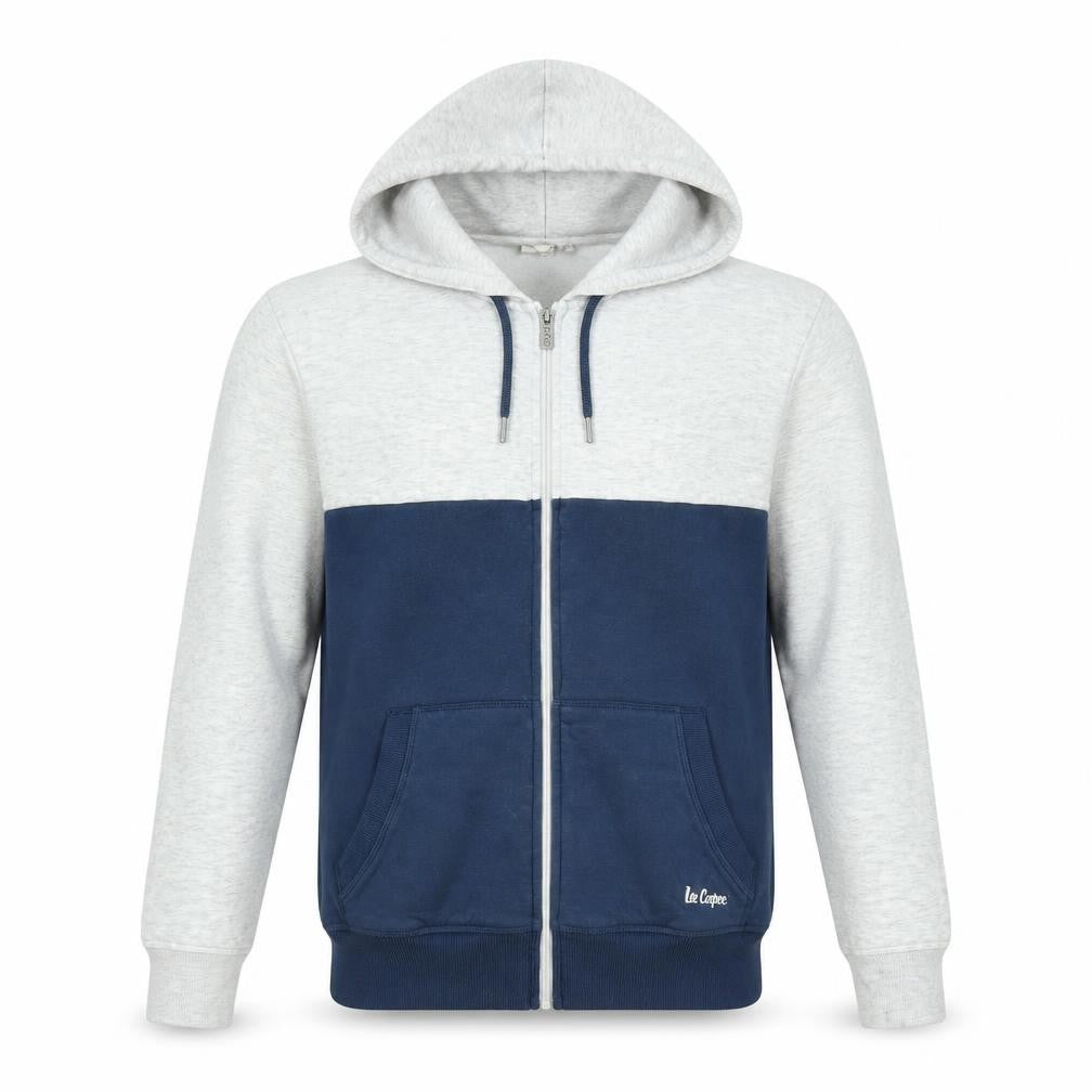 Front view of Lee Cooper Men's Grey & Navy Full Zip Hoodie, size M