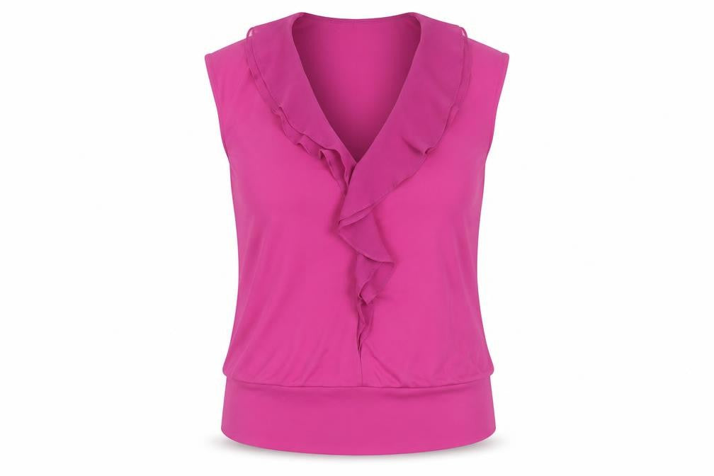Front view of Gallery Women's Pink Ruffle V-Neck Sleeveless Chiffon Blouse M