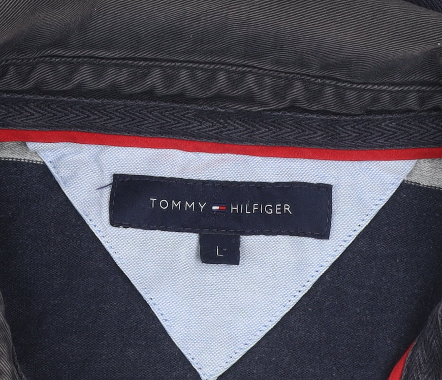 Tommy Hilfiger Men's Grey Striped Long Sleeve Rugby Polo Shirt L