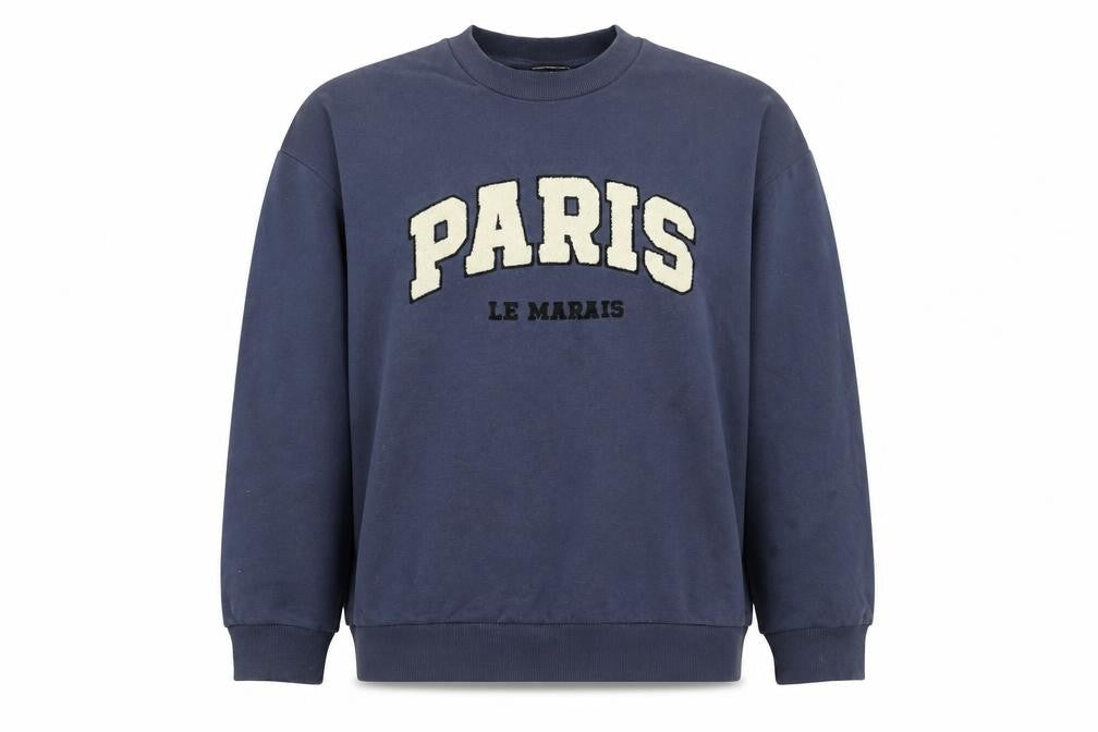 Front view of ASOS Design Women's Navy Paris Le Marais Pullover Sweatshirt, size S