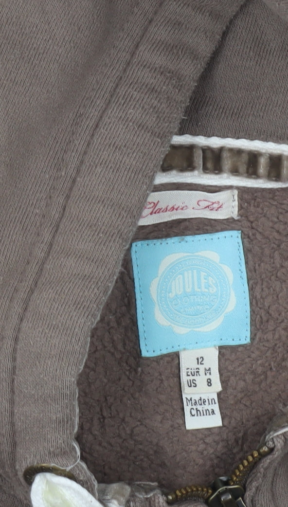 Joules Women’s Brown Full Zip Hoodie Size 12 Classic Fit Polo Print
