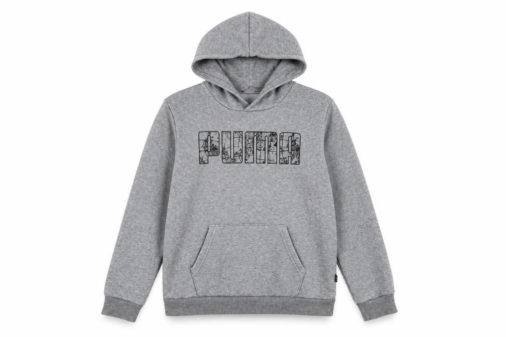 Front view of Puma boys’ grey pullover hoodie 11-12 years regular fit cotton blend