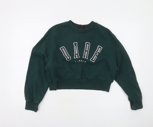 Monki Womens Green Cropped Crew Neck Pullover Sweatshirt XS