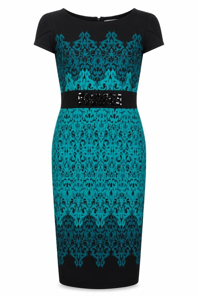 Per Una Women’s Blue Black Beaded Bodycon Knee Length Dress Size 12