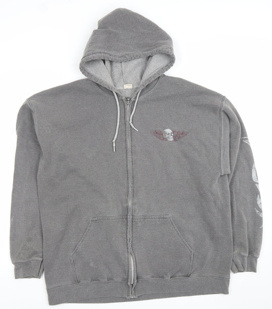 Mega Outfitters Men's Grey Full Zip Skull Graphic Hoodie Size M