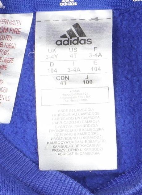 Adidas Boys Blue & Grey Sweatshirt 3-4 Years Crew Neck Logo Cotton Blend