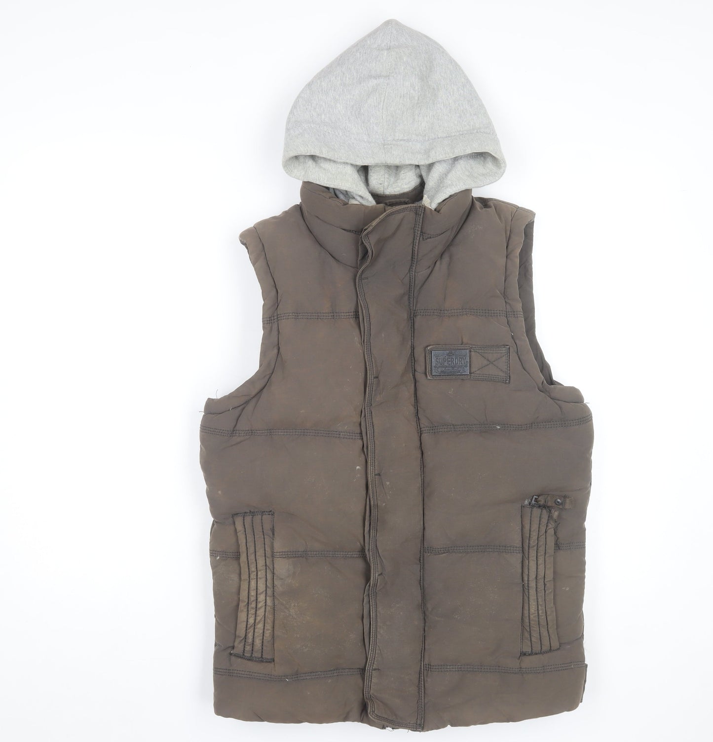 Superdry Mens Brown Small Academy Gilet Hooded Puffer Waistcoat