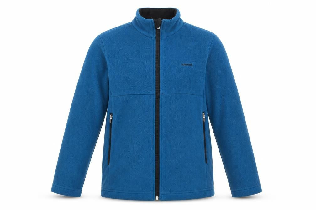 Front view of Quechua boys’ blue fleece jacket 7-8 years full zip hiking outdoor warm