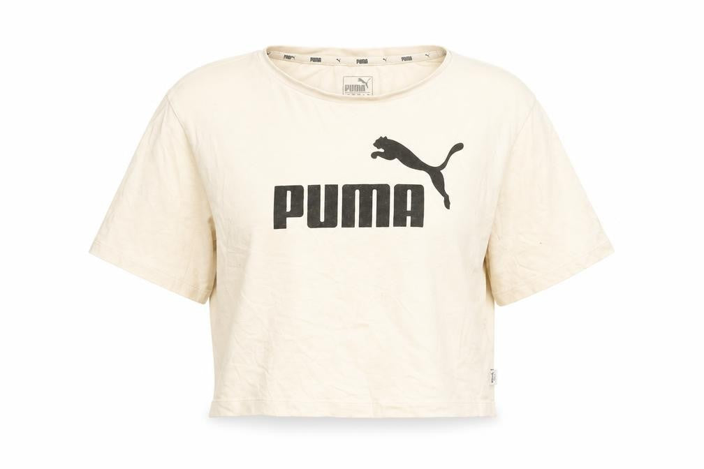 Front view of Puma women’s beige cropped t-shirt, size UK 8, casual sports tee