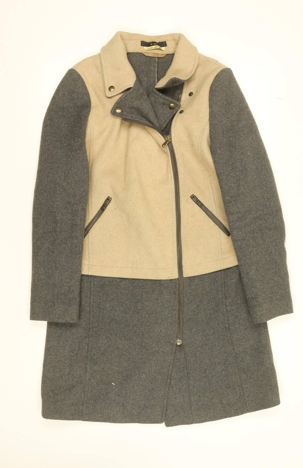 Additional front view of Oui Women’s Beige Grey Wool Blend Biker Coat, size UK 16