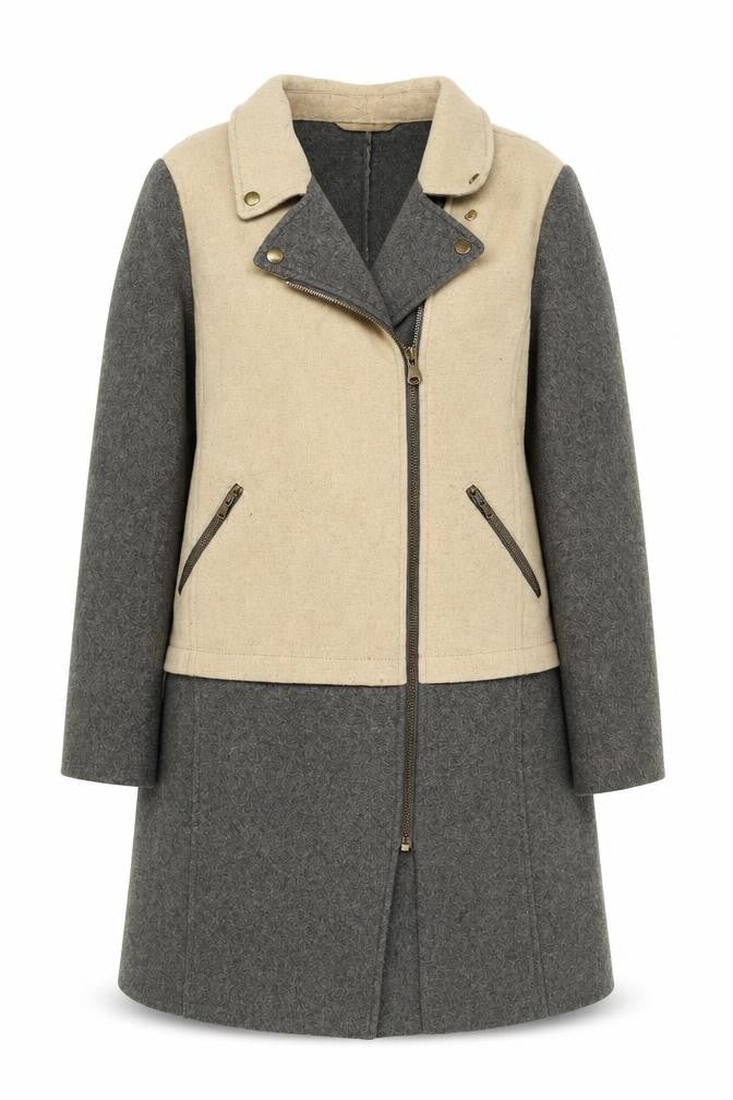 Front view of Oui Women’s Beige Grey Wool Blend Biker Coat, size UK 16