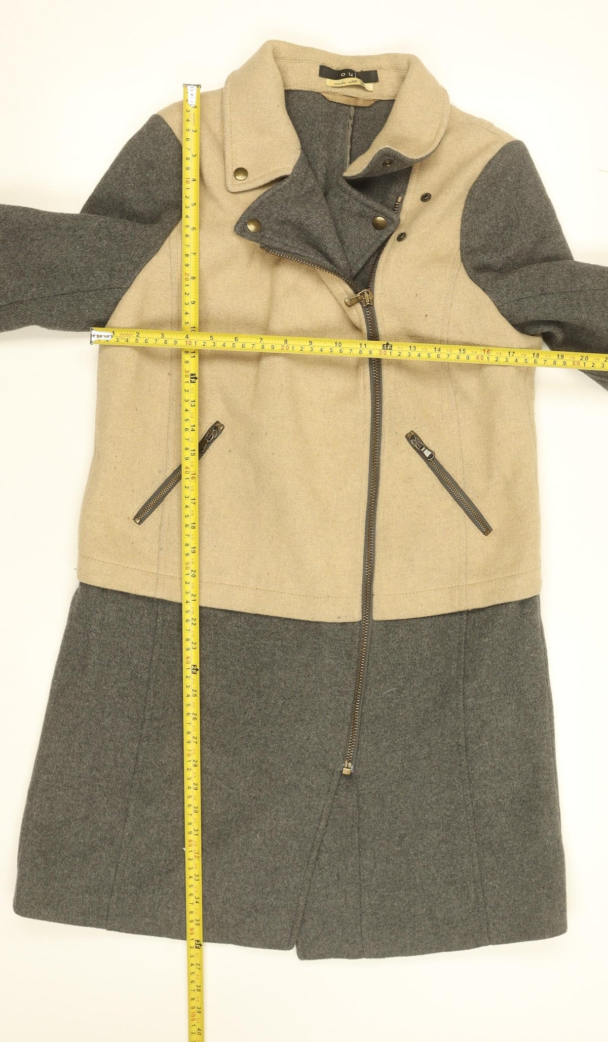Back view of Oui Women’s Beige Grey Wool Blend Biker Coat, size UK 16