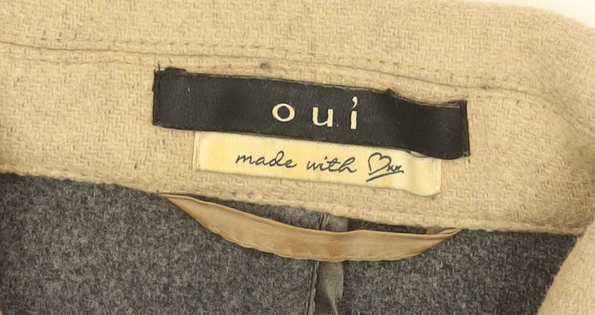 Brand and care label for Oui Women’s Beige Grey Wool Blend Biker Coat, size UK 16