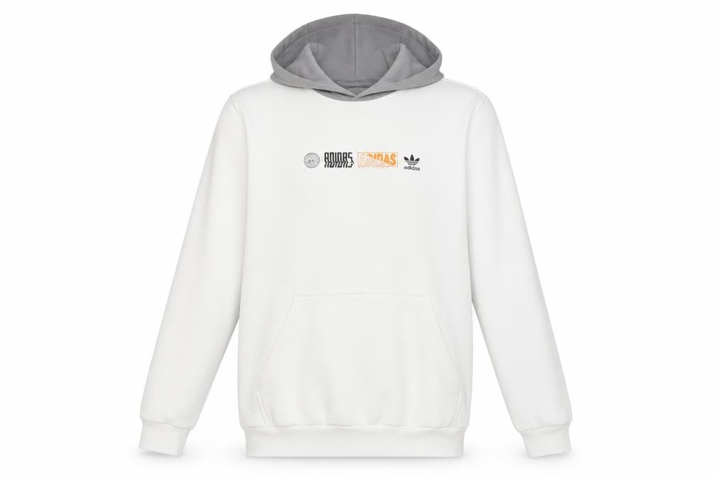 Front view of Adidas boys’ white & grey pullover hoodie 13-14y logo print cotton blend