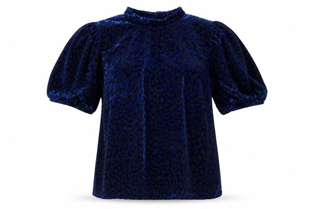 Monsoon Women’s Blue Velvet Animal Print High Neck Blouse Size L