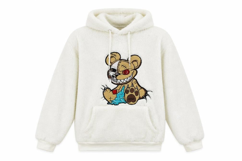 Front view of boohooMAN Men's White Fleece Pullover Hoodie M Cartoon Graphic