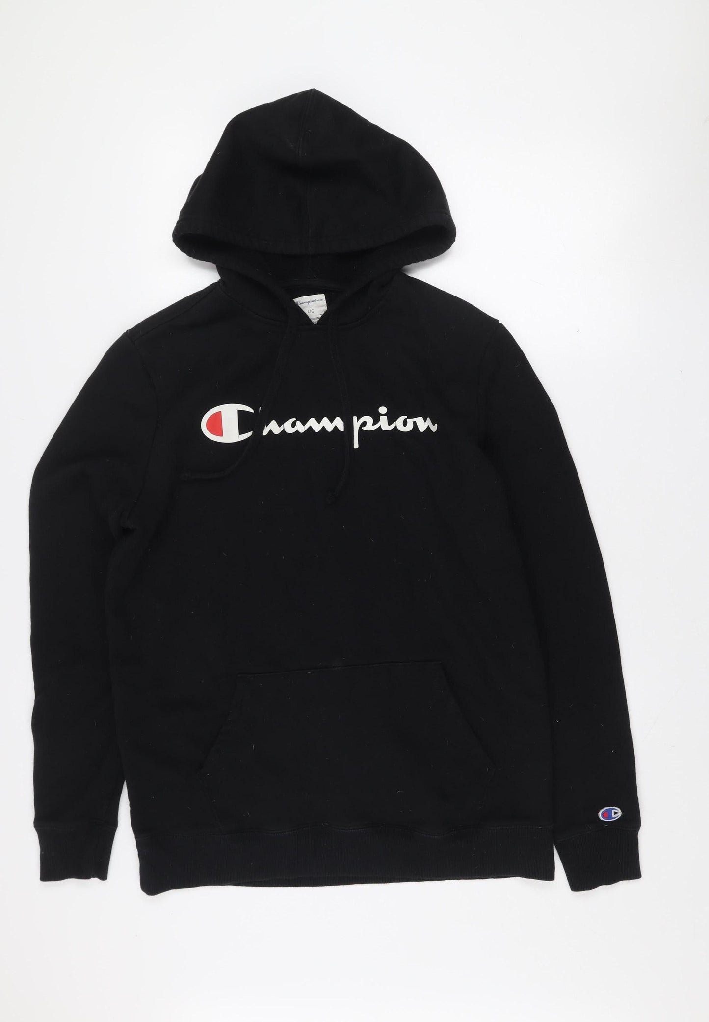 Champion Men's Black Pullover Hoodie L Graphic Logo Fleece Sweatshirt