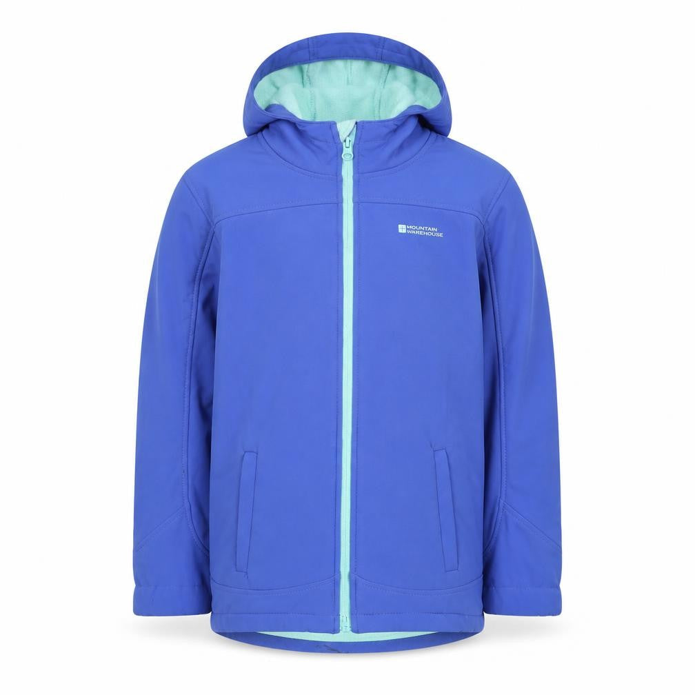 Front view of Mountain Warehouse boys’ blue soft shell hooded jacket 11-12 years