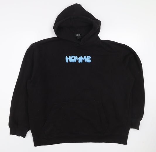 boohooMAN Men's Black Graphic Pullover Hoodie M Streetwear Style