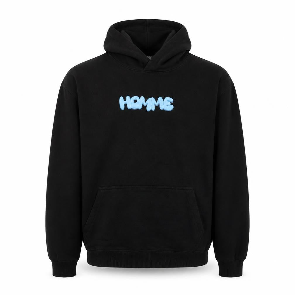 Front view of boohooMAN Men's Black Graphic Pullover Hoodie M Streetwear Style