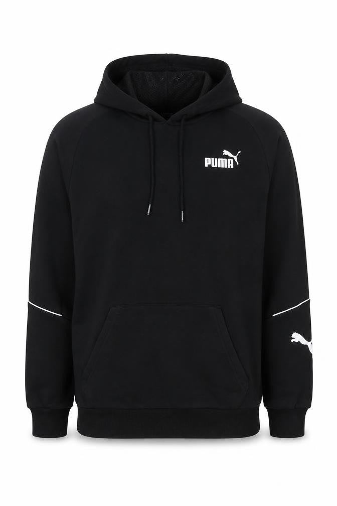 Front view of Puma Men's Black Pullover Hoodie, size S, Logo Sportswear