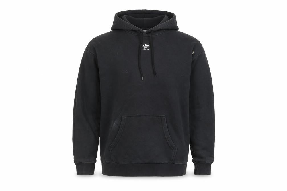 Front view of Adidas Men's Black Pullover Hoodie, size S, Cotton Blend Sportswear
