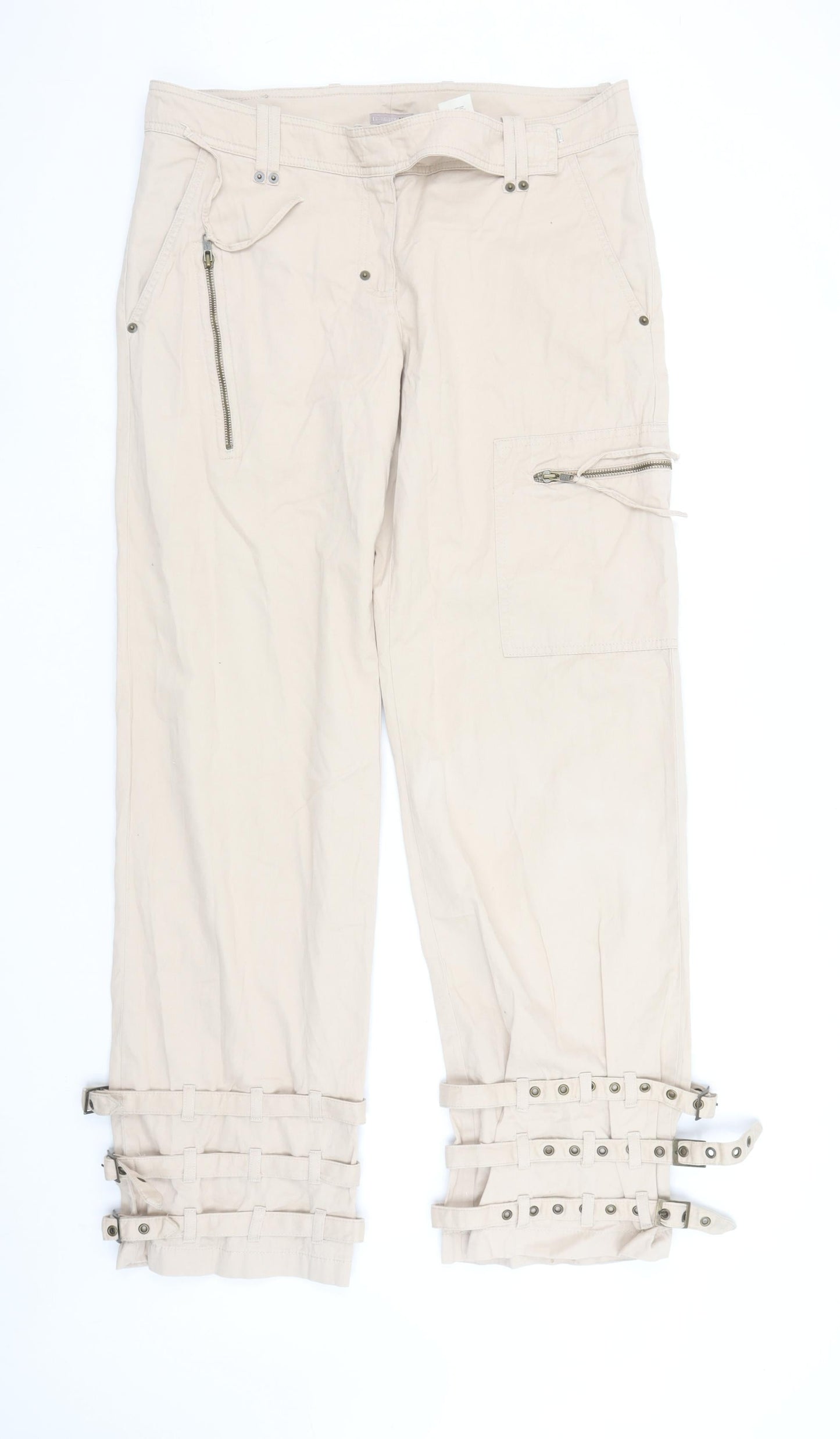 H&M Women Beige Cargo Trousers Size 16 Belted Cotton Casual