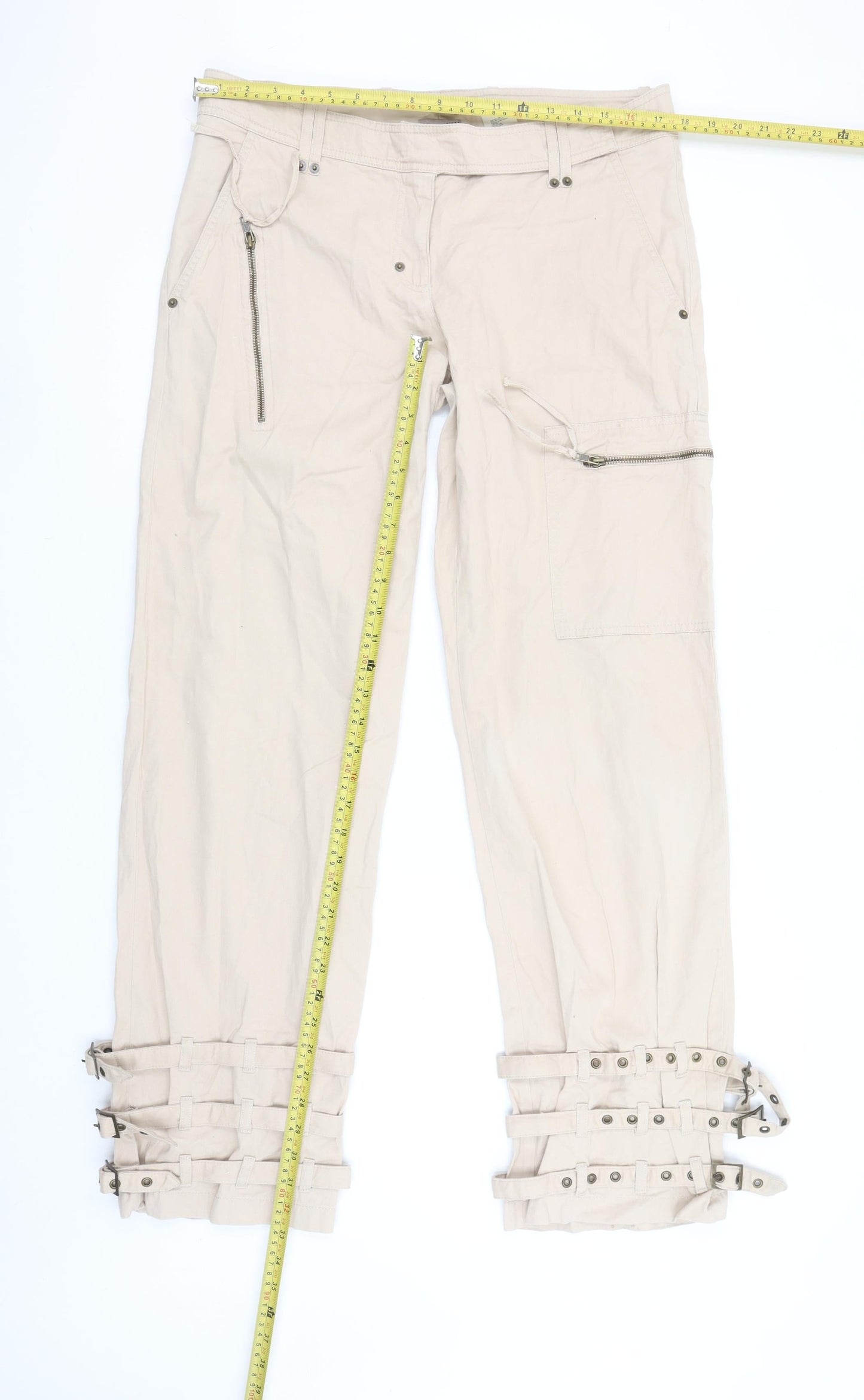 H&M Women Beige Cargo Trousers Size 16 Belted Cotton Casual