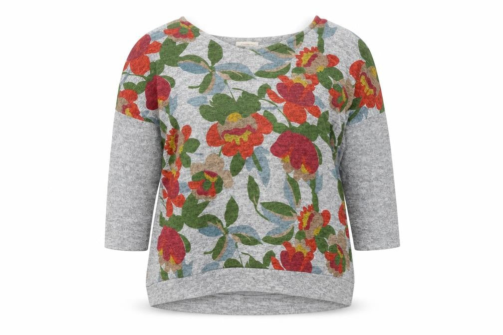 Front view of Bellambie Women's Grey Floral Tunic Blouse XL Relaxed Fit 3/4 Sleeve