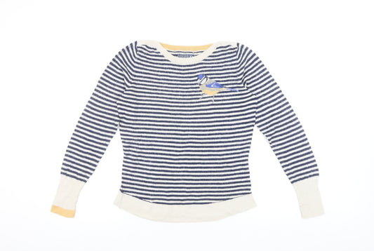 Joules Women Blue Striped Bird Cotton Jumper Size 10
