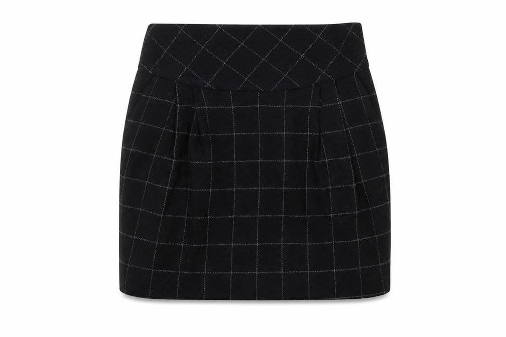 Front view of Crew Clothing Women's Black Wool Check Pencil Skirt, size 10