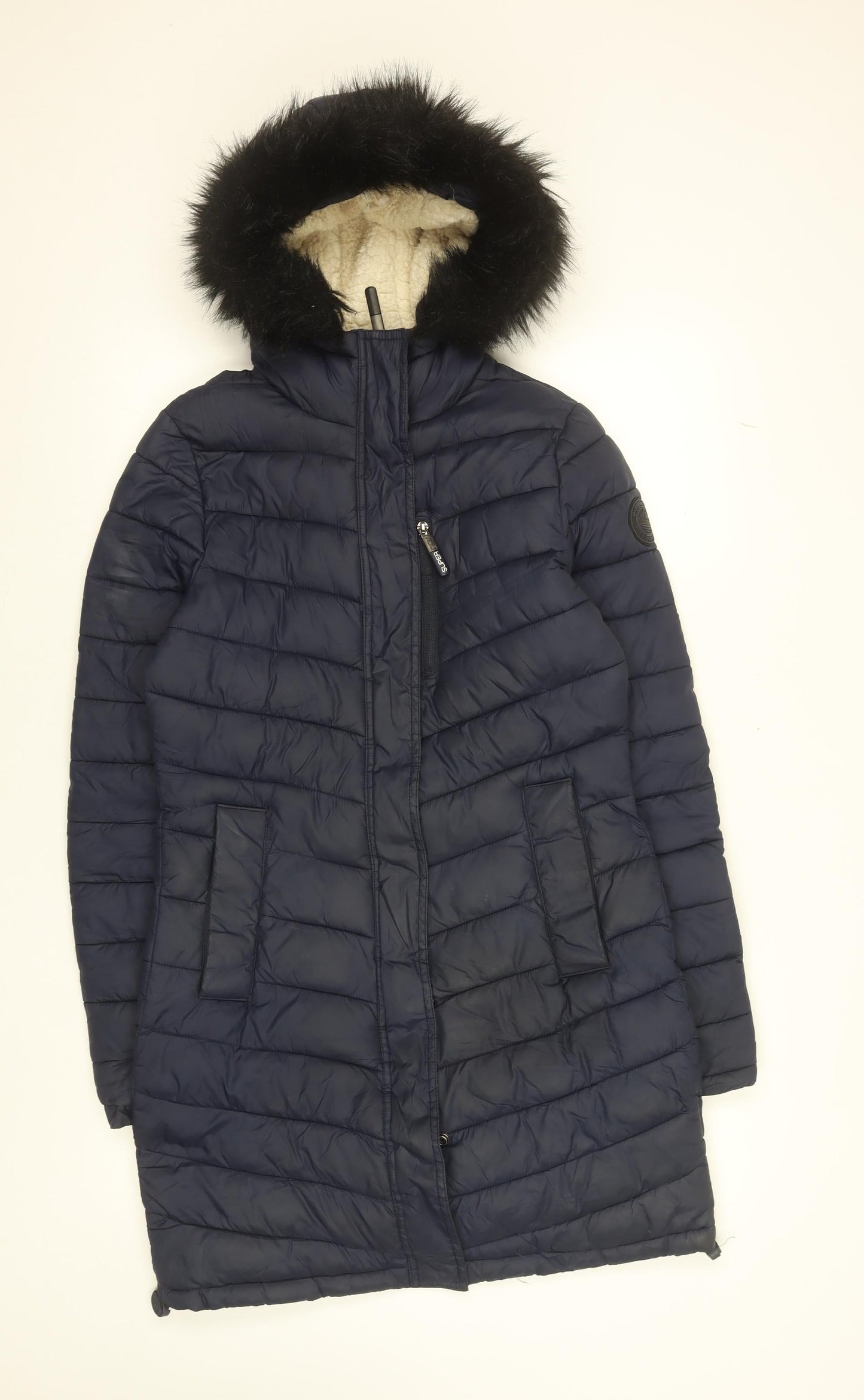 Superdry Womens Blue Long Puffer Coat Size 10 Hooded Fur Trim Winter Jacket
